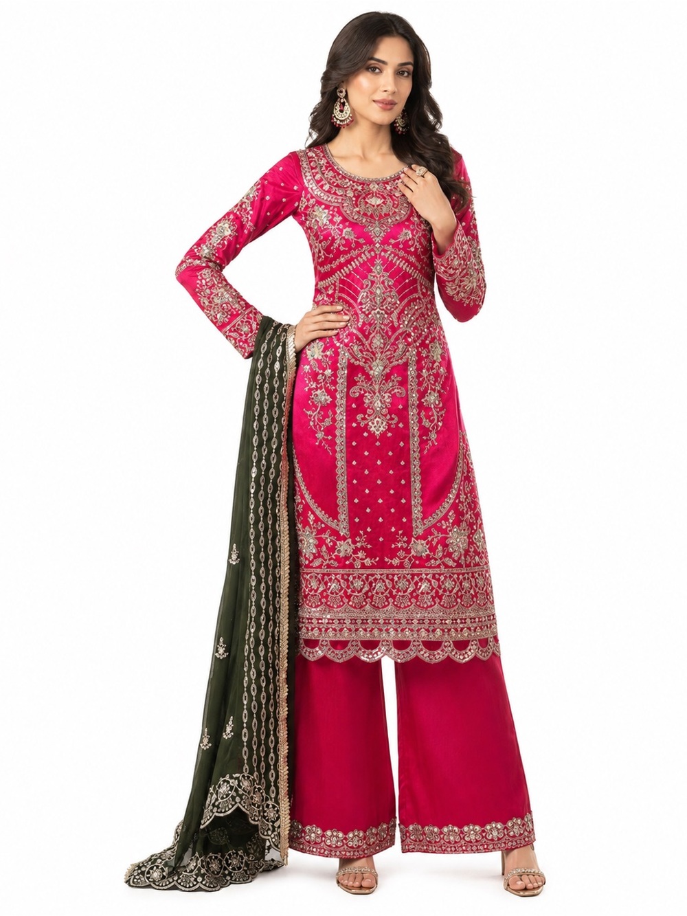 NWT Lashkaraa L 40 Pink Green Embroidered Palazzo Suit 3pc Salwar Kameez Wedding